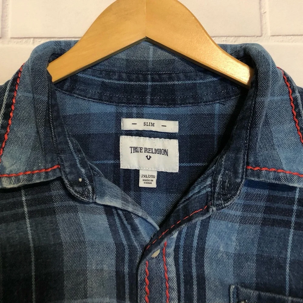 True Religion Men's Blue Slim Flannel Western Button Front Long Sleeve Shirt 2XL - Picture 4 of 12